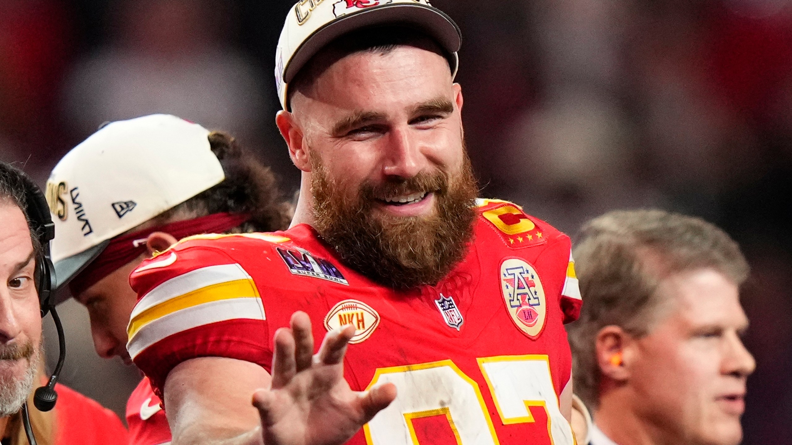 FILE - Kansas City Chiefs tight end Travis Kelce (87) waves after the NFL Super Bowl 58 football game against the San Francisco 49ers Sunday, Feb. 11, 2024, in Las Vegas. The tight end has been cast on FX's "Grotesquerie" season. (AP Photo/Frank Franklin II, File)