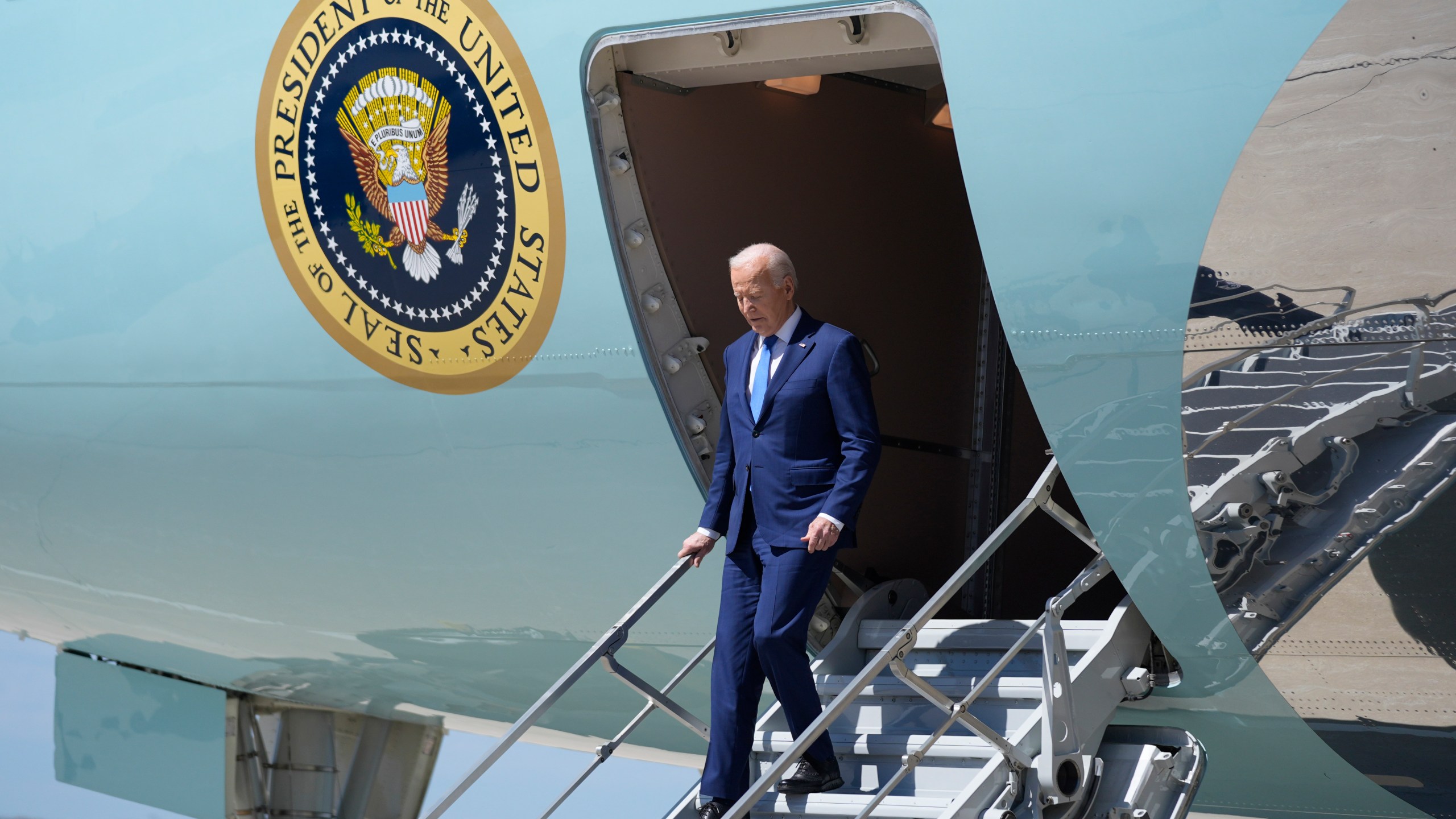 President Joe Biden arrives at Milwaukee Mitchell International Airport, Wednesday, May 8, 2024, in Milwaukee. (AP Photo/Evan Vucci)