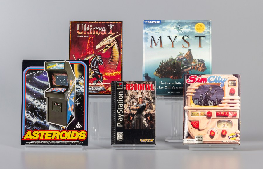 This photo provided by The Strong National Museum of Play in Rochester, N.Y., shows the 2024 inductees into the World Video Game Hall of Fame, located at the museum. Asteroids, Myst, Resident Evil, SimCity and Ultima were inducted, Thursday, May 9, 2024, in recognition of their influence on pop culture and the video game industry. (Evyn Morgan/The Strong National Museum of Play via AP)