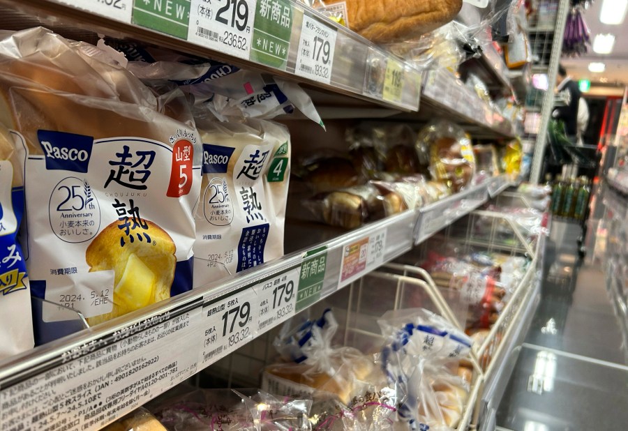 Bread products by Pasco Shikishima Corp. on display at a supermarket in Tokyo, Thursday, May 9, 2024. Loaves of bread produced by Pasco Shikishima Corp have been taken off store shelves in Japan after the remains of “a small animal” believed to be a rat were found. (AP Photo/Ayaka McGill)