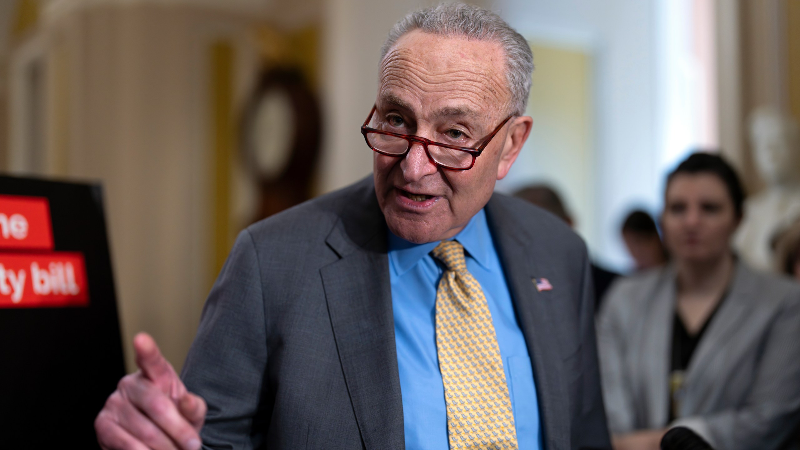 Senate Majority Leader Chuck Schumer, D-N.Y., speaks to reporters following Democratic strategy session, at the Capitol in Washington, Wednesday, May 8, 2024. (AP Photo/J. Scott Applewhite)