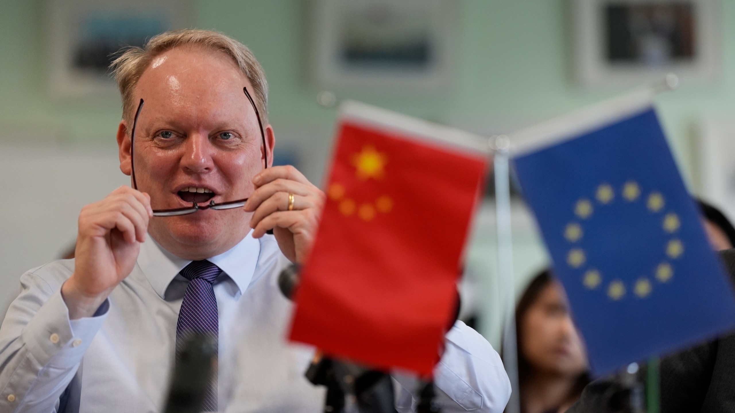 President of the European Union Chamber of Commerce in China Jens Eskelund speaks during a press conference for European Chamber in Beijing, China, Friday, May 10, 2024. China is actively seeking foreign investment to boost its slowing growth, but that very sluggishness is weighing on company plans to grow their businesses in the world's second largest economy, an annual survey of more than 500 European companies has found. (AP Photo/Ng Han Guan)