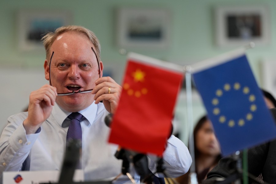 President of the European Union Chamber of Commerce in China Jens Eskelund speaks during a press conference for European Chamber in Beijing, China, Friday, May 10, 2024. China is actively seeking foreign investment to boost its slowing growth, but that very sluggishness is weighing on company plans to grow their businesses in the world's second largest economy, an annual survey of more than 500 European companies has found. (AP Photo/Ng Han Guan)