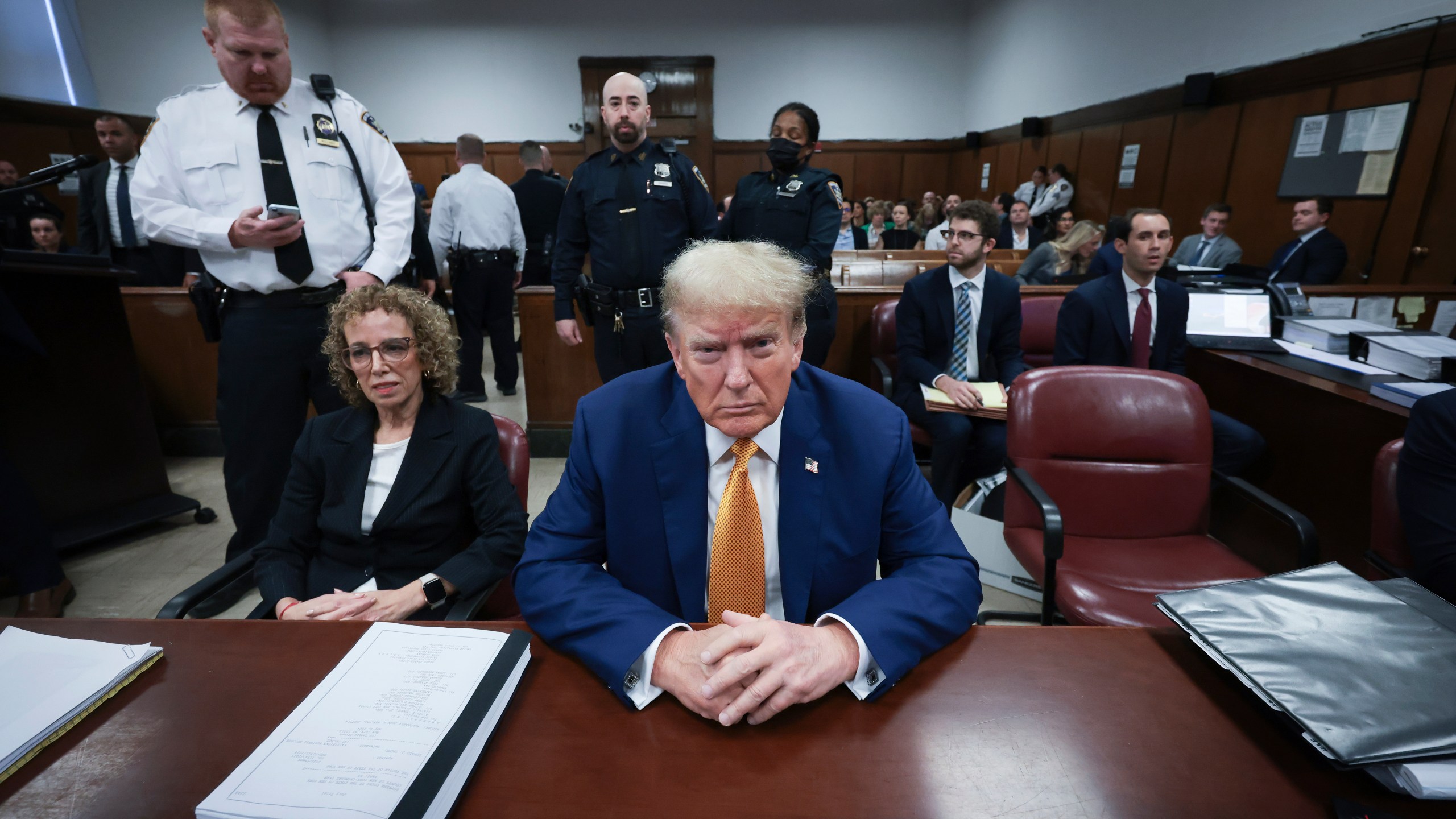 Former President Donald Trump and attorney Susan Necheles attend his trial at the Manhattan Criminal court, Tuesday, May 7, 2024, in New York. (Win McNamee/Pool Photo via AP)