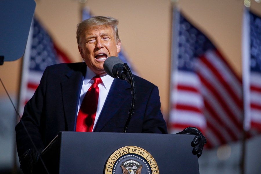 FILE - President Donald Trump speaks at a campaign rally Friday, Oct. 30, 2020, in Rochester, Minn. Former President Donald Trump’s planned campaign visit to Minnesota will mark his return to a traditionally Democratic state he has long argued he could carry. Trump will take a break from his hush money trial in New York to speak at a Minnesota GOP fundraiser Friday. (AP Photo/Bruce Kluckhohn, File)