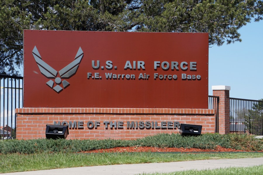 FILE - The entrance to F.E. Warren Air Force Base is pictured May 24, 2018, in Cheyenne, Wyo. President Joe Biden on Monday, May 13, 2024, issued an order blocking a Chinese-backed cryptocurrency mining firm from owning land near the Wyoming nuclear missile base. The order forces the divestment of property operated as a crypto mining facility near the base. (AP Photo/Mead Gruver, File)