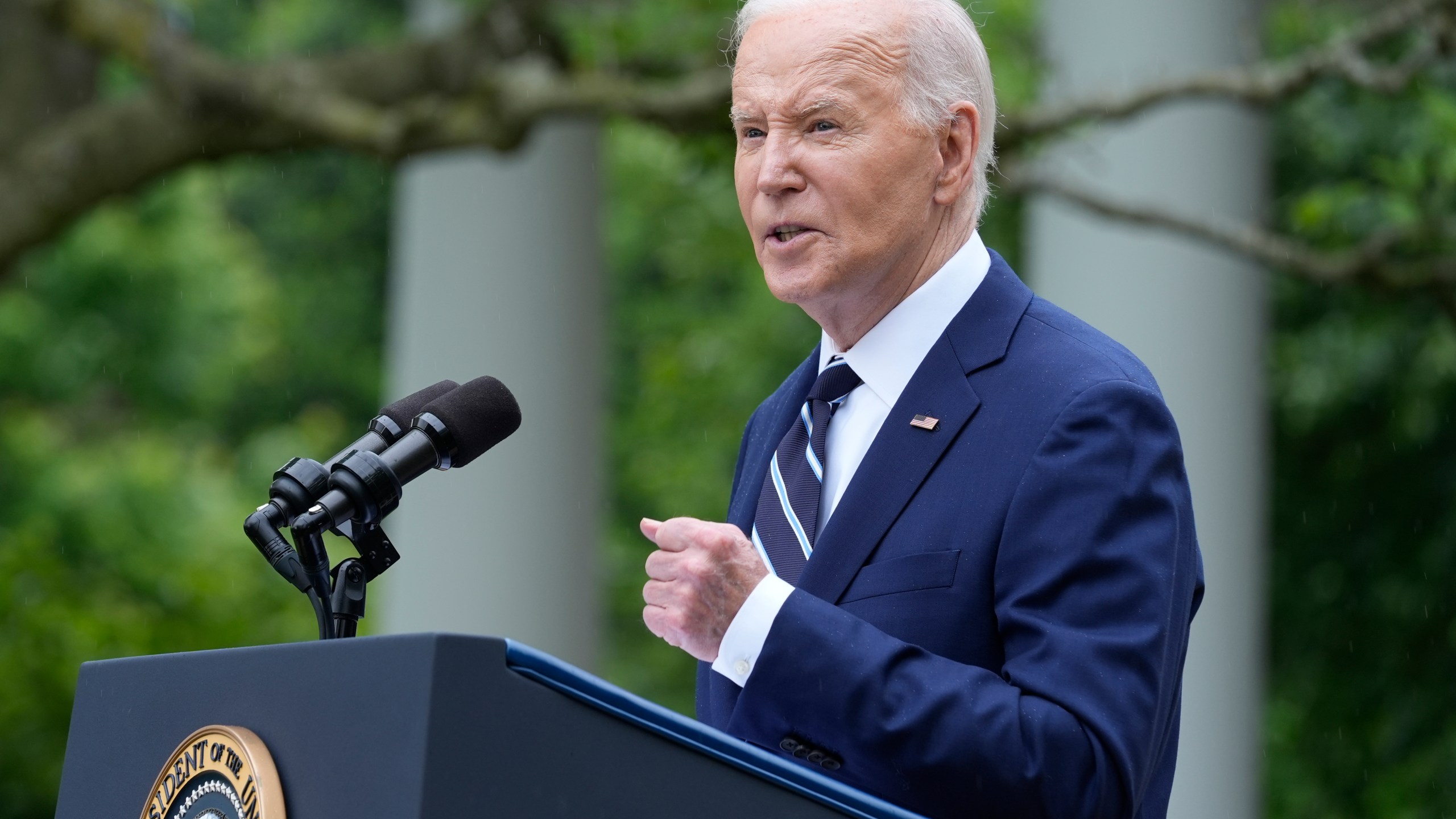 President Joe Biden speaks in the Rose Garden of the White House in Washington, Tuesday, May 14, 2024, announcing plans to impose major new tariffs on electric vehicles, semiconductors, solar equipment and medical supplies imported from China. (AP Photo/Susan Walsh)