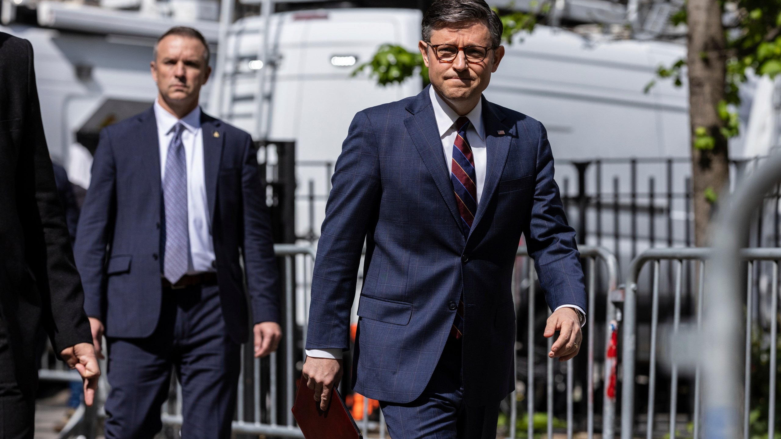 U.S. Speaker of the House Mike Johnson arrives at a press conference across the street from the Manhattan criminal court, Tuesday, May 14, 2024, in New York.(AP Photo/Stefan Jeremiah)