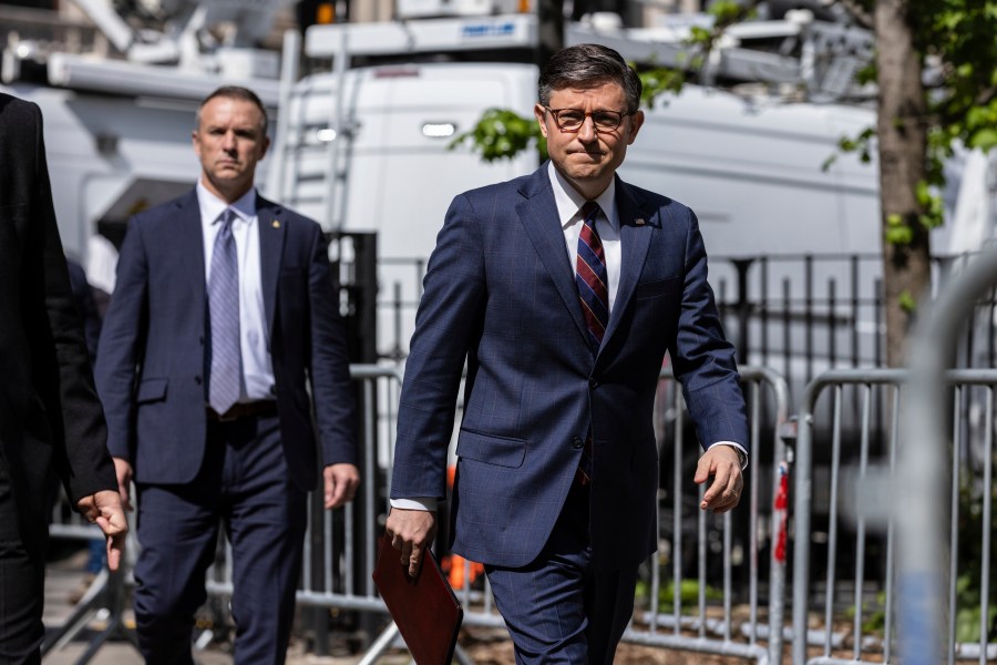 U.S. Speaker of the House Mike Johnson arrives at a press conference across the street from the Manhattan criminal court, Tuesday, May 14, 2024, in New York.(AP Photo/Stefan Jeremiah)