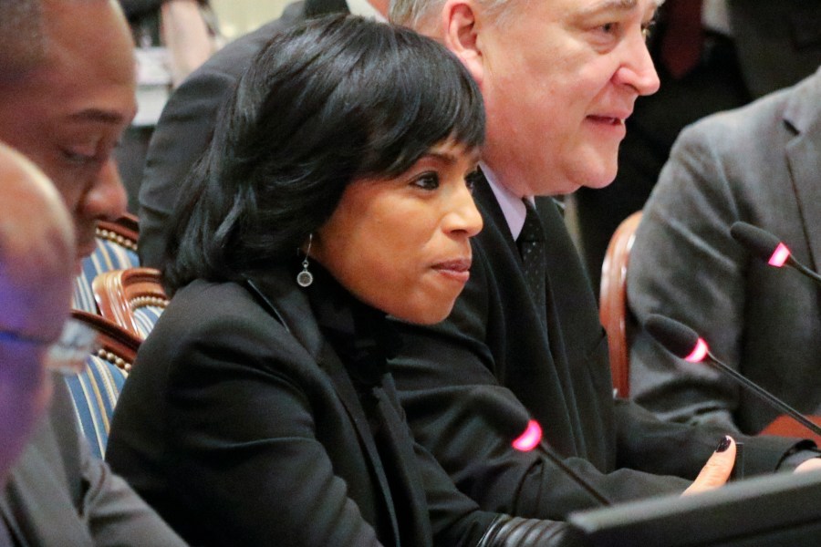 FILE - Prince George's County Executive Angela Alsobrooks, center, listens during a bill hearing in Maryland, Jan. 23, 2020, in Annapolis, Md. Democrats voting in Maryland's contentious primary for U.S. Senate are divided about who is best positioned to beat Republican former Gov. Larry Hogan. Alsobrooks and Congressman David Trone are the most prominent candidates in the Democratic primary. (AP Photo/Brian Witte, File)