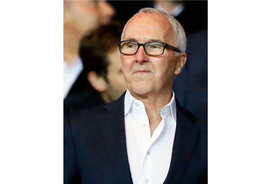 FILE - In this Oct. 23, 2016 file photo, U.S. businessman Frank McCourt looks on during the French League One soccer match between PSG and Marseille at the Parc des Princes stadium in Paris, France. (AP Photo/Francois Mori, File)