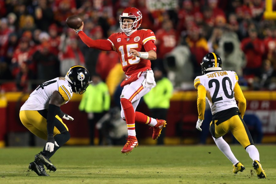 FILE - Kansas City Chiefs quarterback Patrick Mahomes (15) throws a pass during the first half of an NFL wild-card playoff football game against the Pittsburgh Steelers, Sunday, Jan. 16, 2022, in Kansas City, Mo. Netflix and the NFL announced a three-year deal Wednesday, May 15, 2024. to stream games on Christmas Day, which includes the Chiefs taking on Steelers on Dec. 25, 2024. (AP Photo/Travis Heying, File)