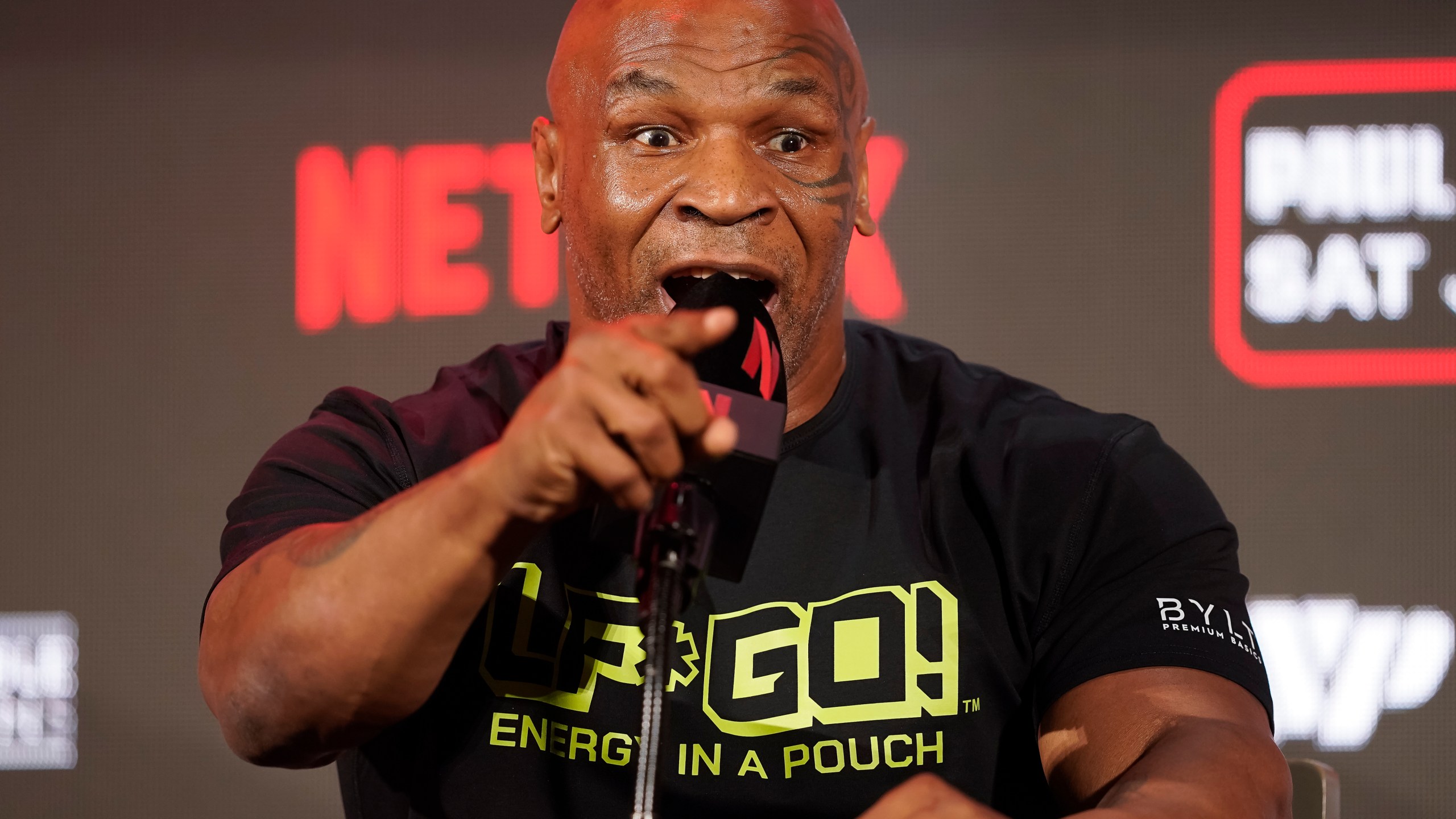 Mike Tyson speaks during a news conference promoting his upcoming boxing bout against Jake Paul, Thursday, May 16, 2024, in Arlington, Texas. The fight is scheduled for July 20. (AP Photo/Sam Hodde)