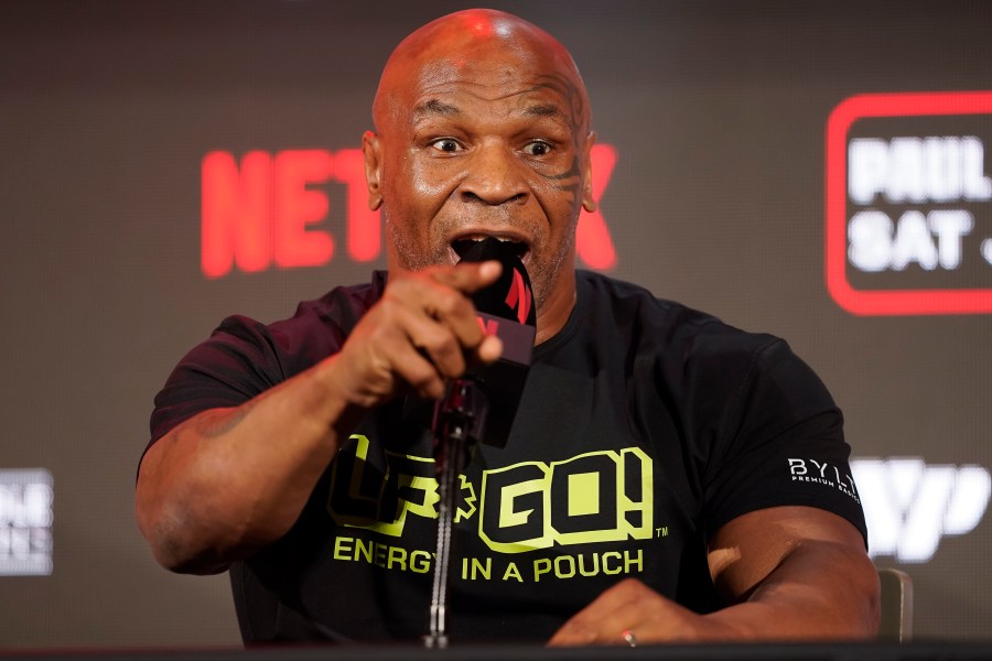 Mike Tyson speaks during a news conference promoting his upcoming boxing bout against Jake Paul, Thursday, May 16, 2024, in Arlington, Texas. The fight is scheduled for July 20. (AP Photo/Sam Hodde)