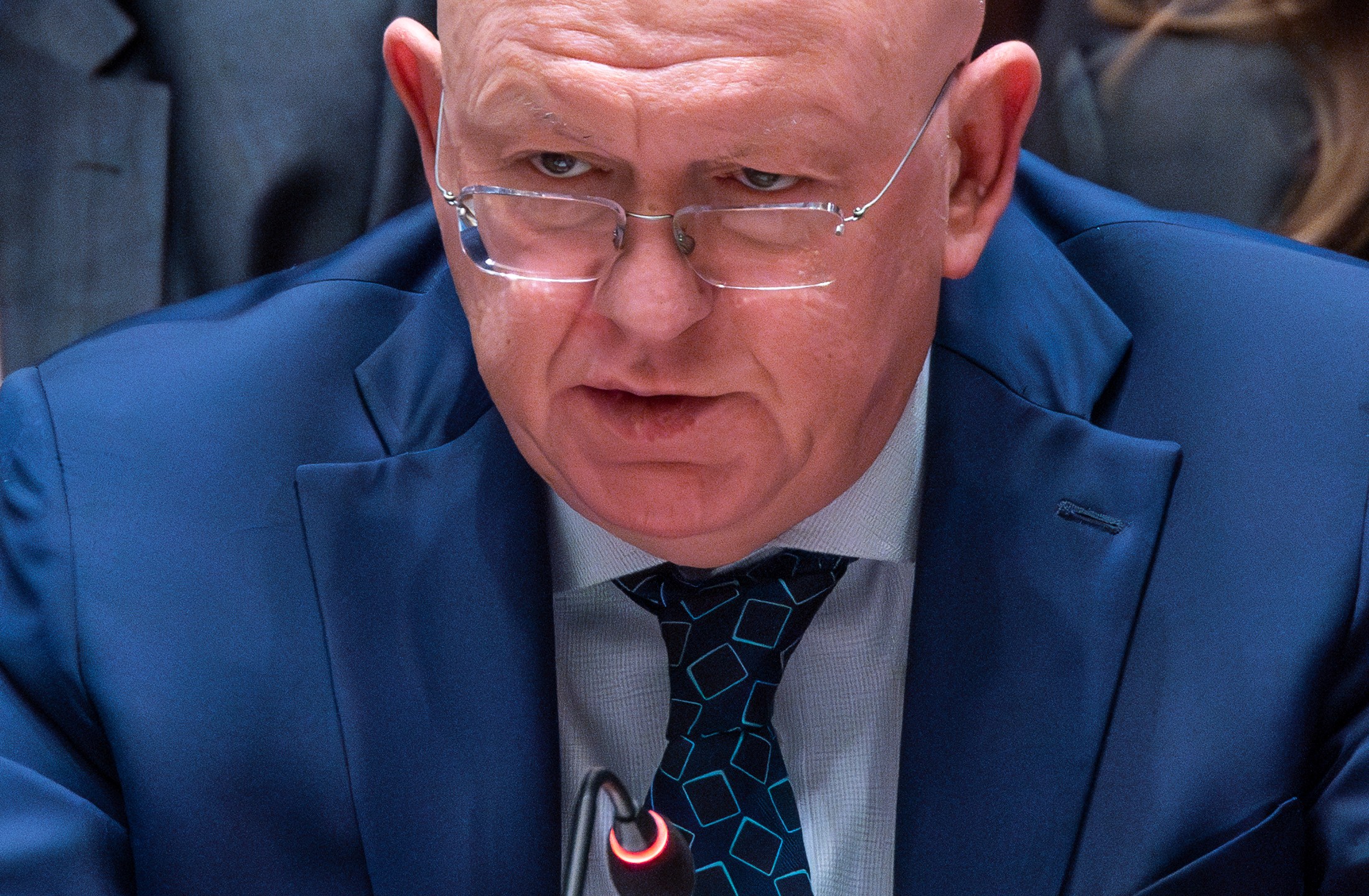 FILE - Russian Permanent Representative to the U.N. Vassily Nebenzia addresses members of the U.N. Security Council during a meeting on Non-proliferation of nuclear weapons, April 24, 2024, at the United Nations headquarters. The United States says that Russia last week launched a satellite that could be part of weaponizing space. That's a possible future global trend that members of the United Nations Security Council condemn, even as they failed on May 20, to pass a measure against it. (AP Photo/Eduardo Munoz Alvarez, File)