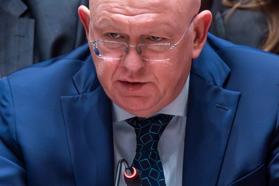 FILE - Russian Permanent Representative to the U.N. Vassily Nebenzia addresses members of the U.N. Security Council during a meeting on Non-proliferation of nuclear weapons, April 24, 2024, at the United Nations headquarters. The United States says that Russia last week launched a satellite that could be part of weaponizing space. That's a possible future global trend that members of the United Nations Security Council condemn, even as they failed on May 20, to pass a measure against it. (AP Photo/Eduardo Munoz Alvarez, File)