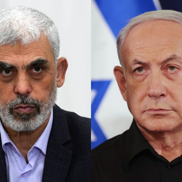 This combination of photos shows Yahya Sinwar, head of Hamas in Gaza, and Israeli Prime Minister Benjamin Netanyahu.