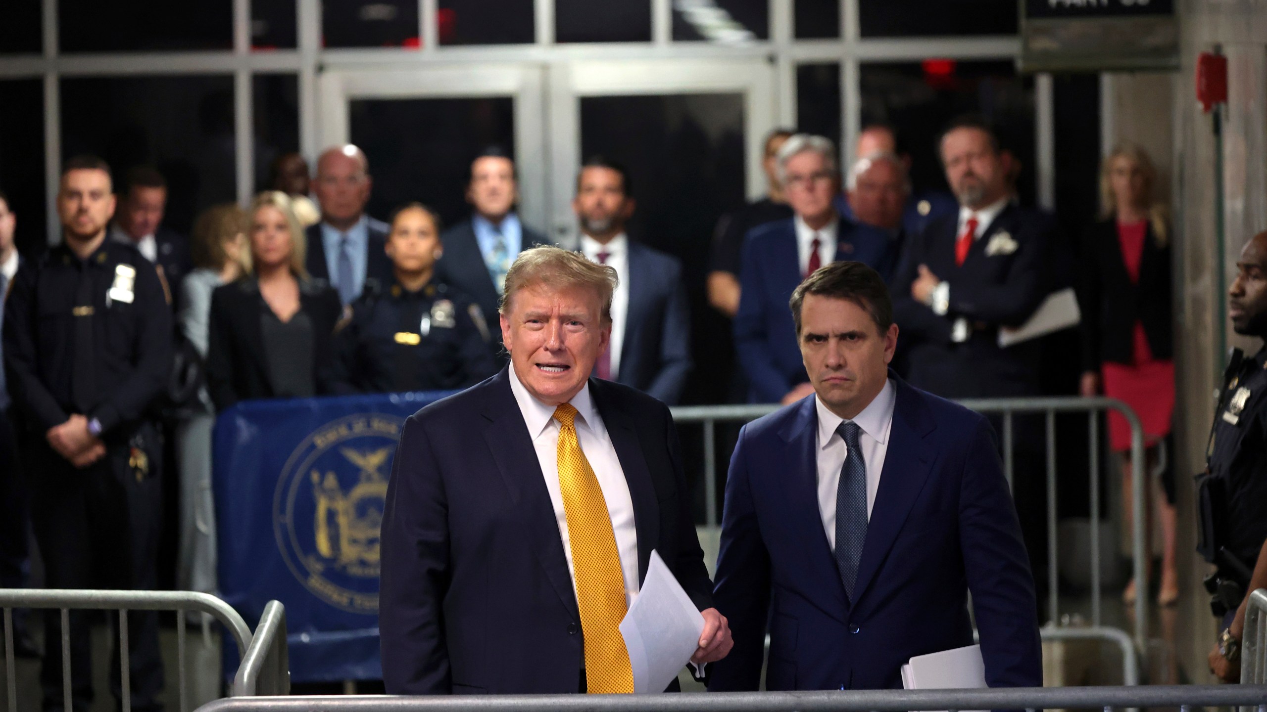 Former President Donald Trump speaks alongside his attorney Todd Blanche following the day's proceedings in his trial Tuesday, May 21, 2024, in Manhattan Criminal Court in New York. (Michael M. Santiago/Pool Photo via AP)