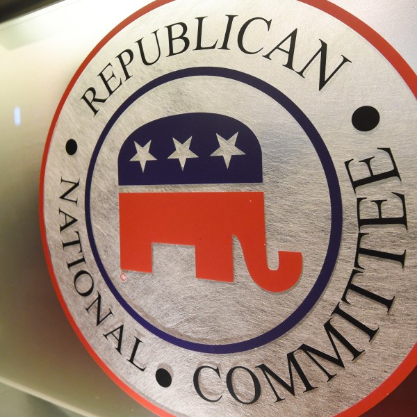 FILE - The Republican National Committee logo is shown on the stage at the North Charleston Coliseum, Jan. 13, 2016, in North Charleston, S.C. The Republican National Committee’s Washington headquarters was briefly evacuated on Wednesday as police investigated vials of blood that had been addressed to former President Donald Trump, the party’s presumptive presidential nominee. (AP Photo/Rainier Ehrhardt, File)