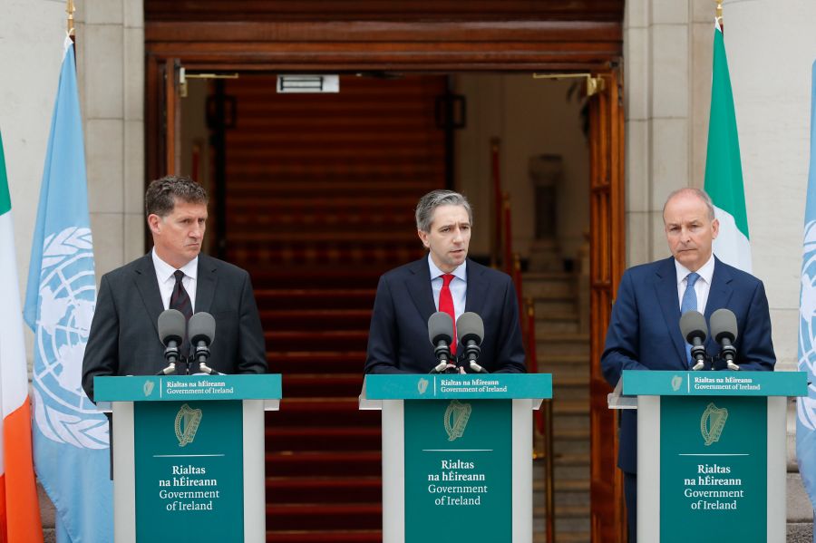 The three Irish Government leaders from left, Minister Eamon Ryan, Taoiseach Simon Harris and Tanaiste Micheal Martin speak to the media during a press conference outside the Government Buildings, in Dublin, Ireland, Wednesday May 22, 2024. Ireland and Spain have recognized a Palestinian state. Irish Prime Minister Simon Harris said Wednesday it was a move coordinated with Spain and Norway, “an historic and important day for Ireland and for Palestine.” He said the move was intended to help move the Israeli-Palestinian conflict to resolution through a two-state solution. (Damien Storan/PA via AP)