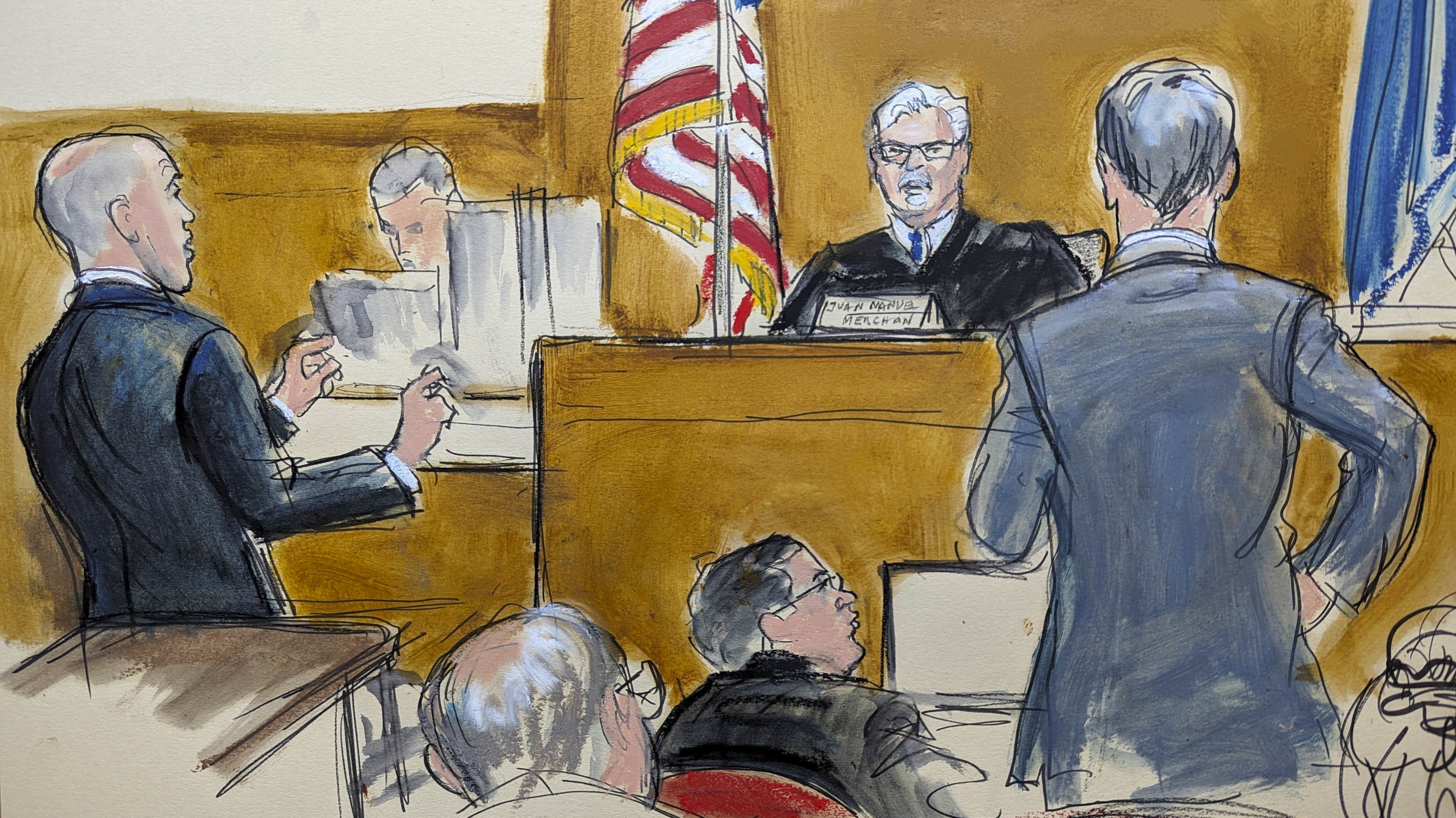 In this courtroom sketch, former President Donald Trump's defense attorney Emil Bove, left, and assistant district attorney Matthew Colangelo, right, argue various points on the jury charge to Judge Juan Merchan, Tuesday, May 21, 2024, in Manhattan criminal court in New York. (Elizabeth Williams via AP)