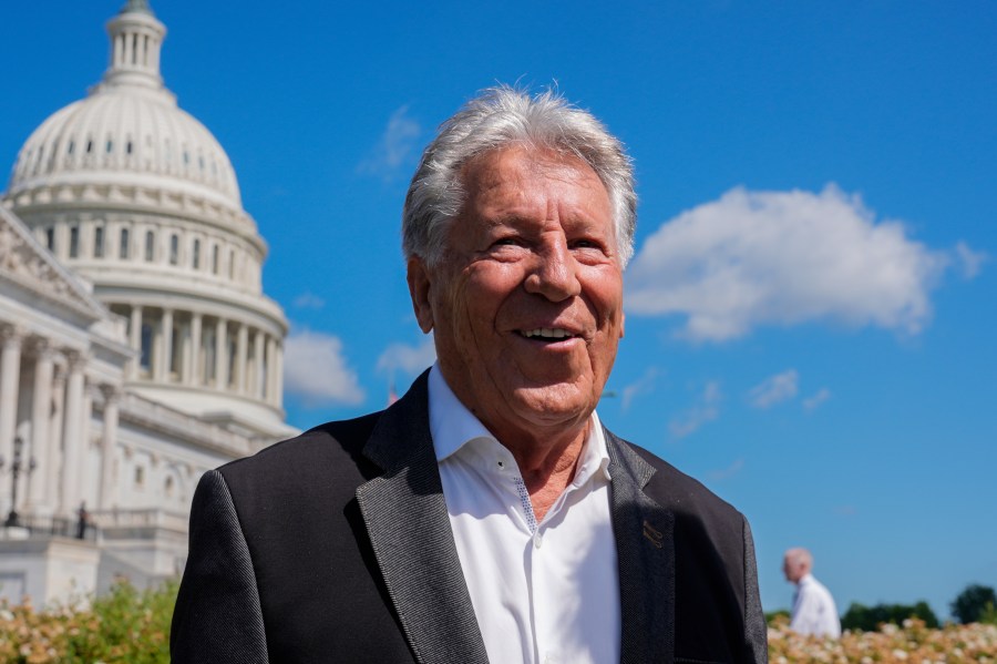 Formula One racing legend Mario Andretti talks to fans following a news conference at the Capitol in Washington, Tuesday, April 30, 2024. (AP Photo/J. Scott Applewhite)