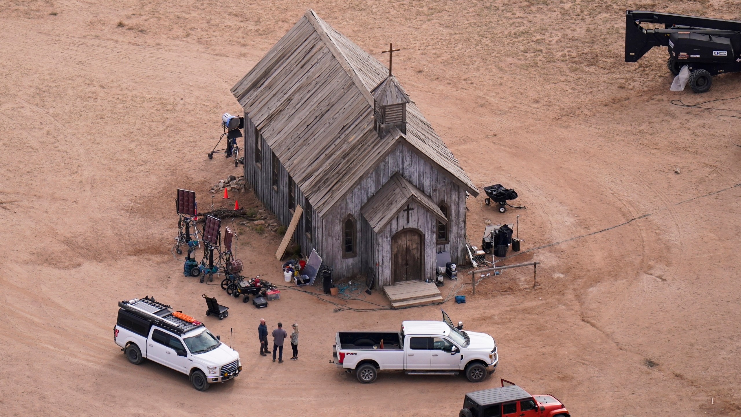 FILE - This aerial photo shows the movie set of "Rust," at Bonanza Creek Ranch, Oct. 23, 2021, in Santa Fe, N.M. e of Hope Award Gala at New York Hilton Midtown on Dec. 9, 2021, in New York. On Friday, May 24, 2024, a New Mexico judge rejected a request by Alec Baldwin to dismiss the sole criminal charge against him in a fatal shooting on the set of “Rust,” keeping the case on track for a trial this summer. (AP Photo/Jae C. Hong, File)