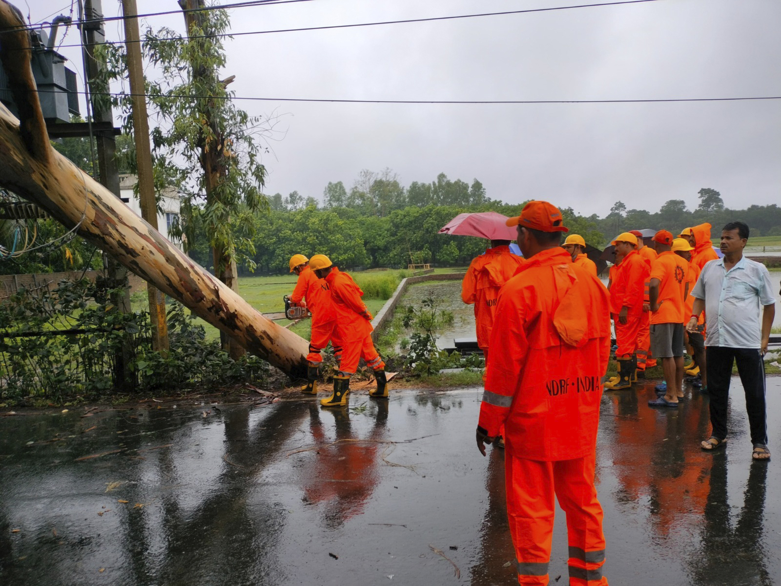 India's National Disaster Response Force (NDRF) rescuers remove fallen trees as they oversee damages in Cyclone Remal affected villages in West Bengal state, India, Monday, May 27, 2024. (NDRF via AP)