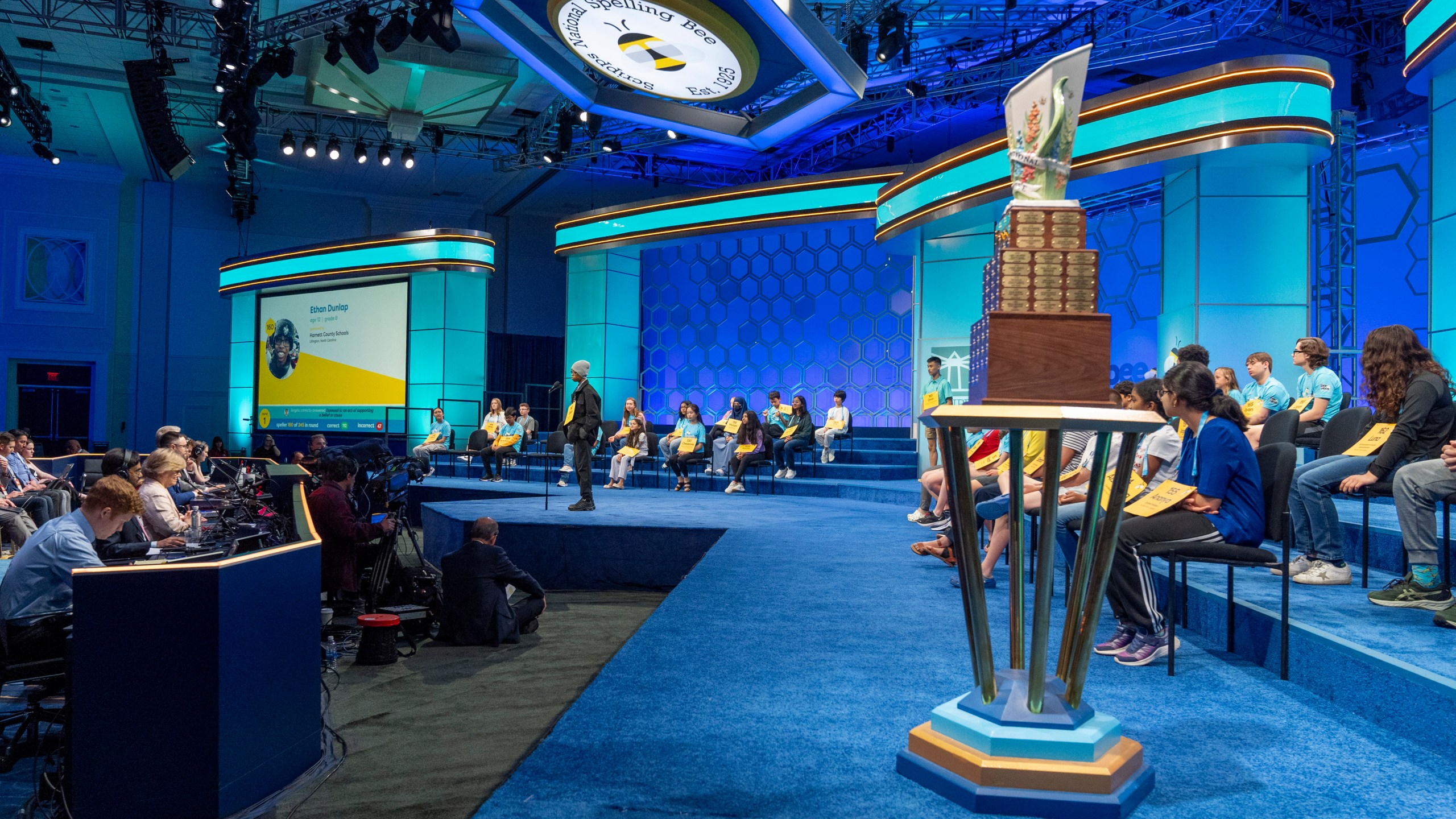 Ethan Dunlap, 12, of Spring Lake, N.C., spells his word during competition in the Scripps National Spelling Bee, in Oxon Hill, Md., Tuesday, May 28, 2024. (AP Photo/Jacquelyn Martin)