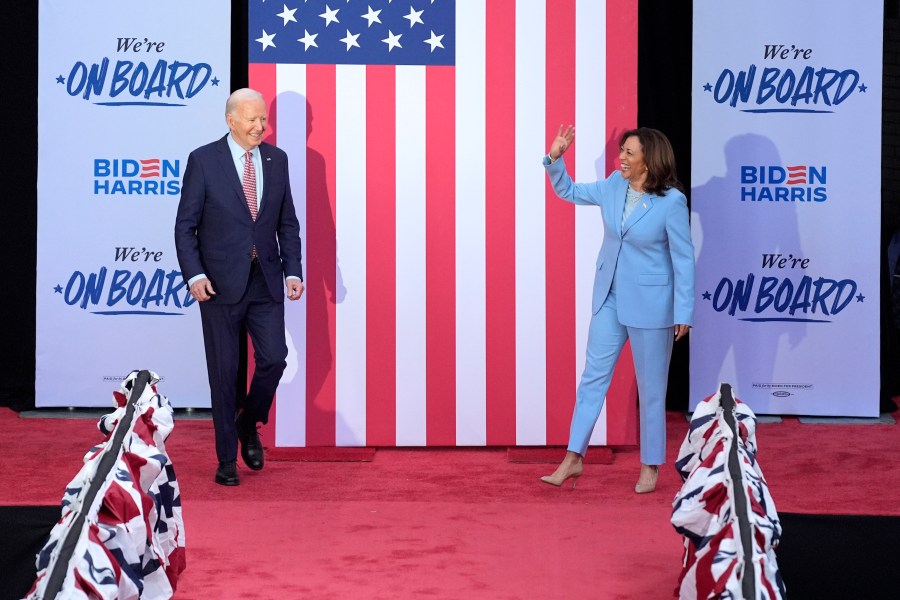 President Joe Biden and Vice President Kamala Harris arrive for a campaign event.