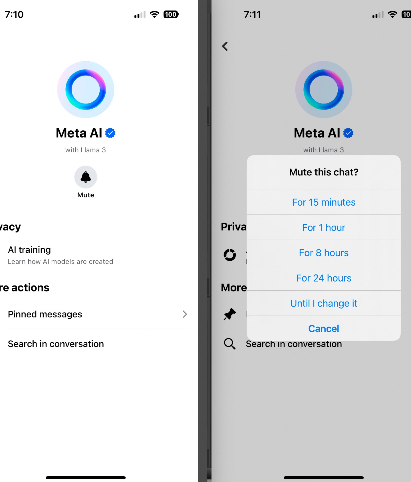 Two screenshots taken from a smartphone on Thursday, May 30, 2024, show the steps needed to mute the "Ask Meta AI anything" chatbot on the Facebook and Instagram apps. (AP Photo)