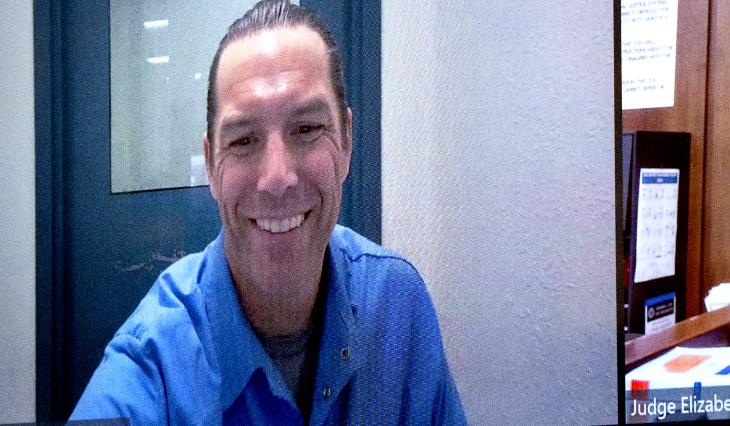 Scott Peterson is seen on a live video feed from Mule Creek State Prison.