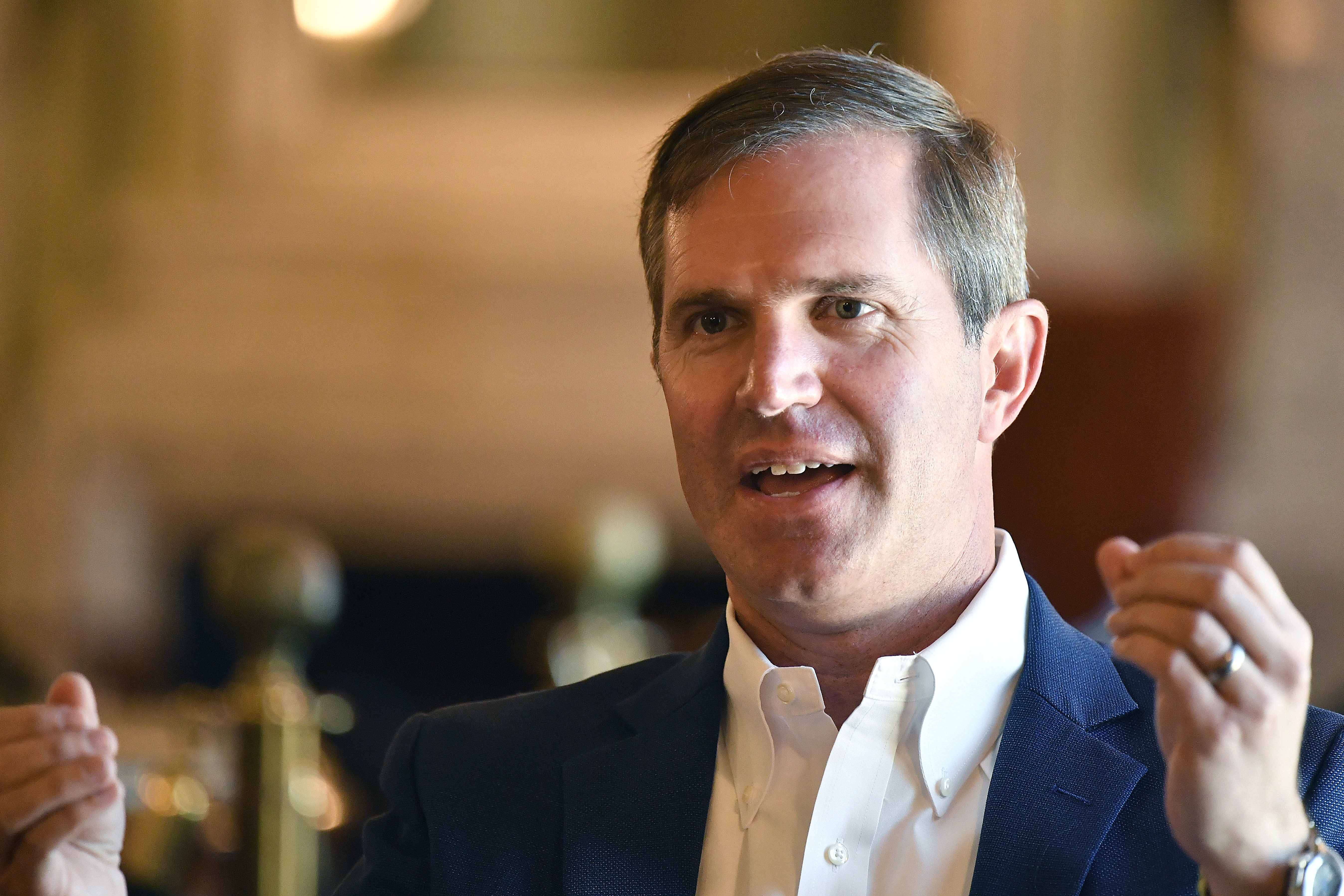 Kentucky Governor Andy Beshear speaks about the status of the construction of the Blue Oval SV Battery Plant during an interview at the Kentucky State Capitol in Frankfort, Ky., Thursday, June 6, 2024. (AP Photo/Timothy D. Easley)