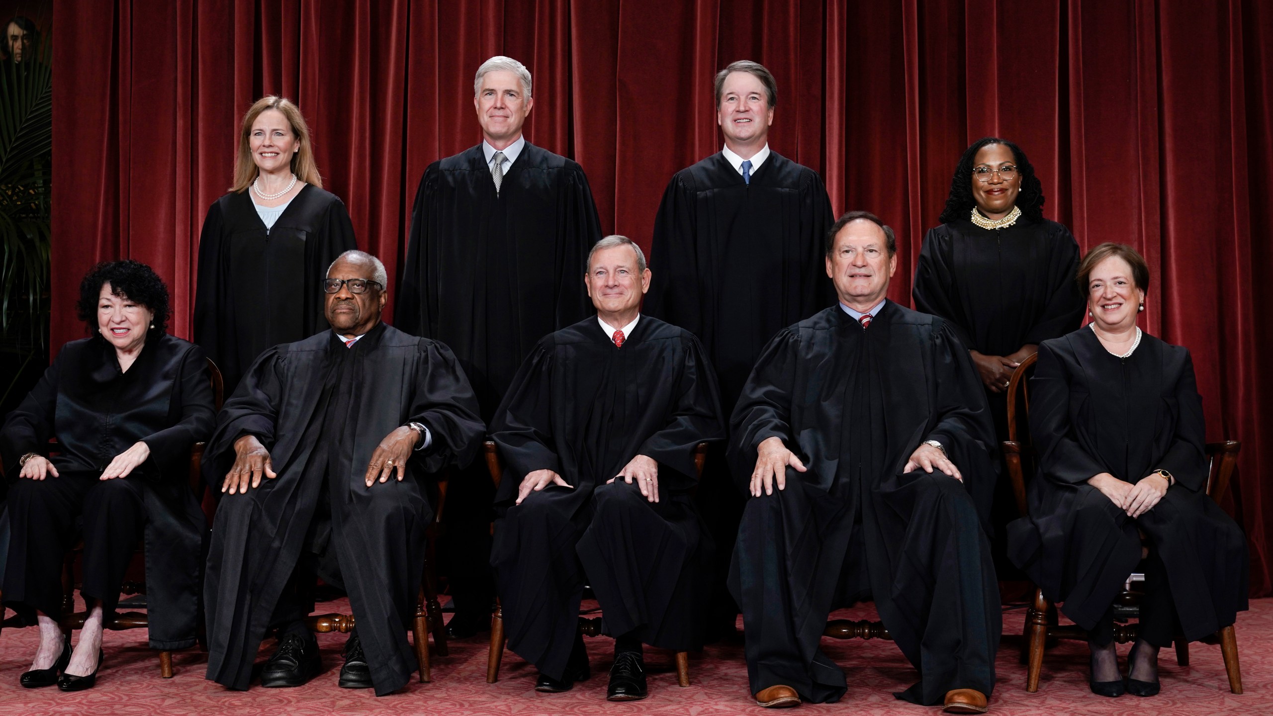 FILE - Members of the Supreme Court sit for a new group portrait following the addition of Associate Justice Ketanji Brown Jackson, at the Supreme Court building in Washington, Oct. 7, 2022. Bottom row, from left, Associate Justice Sonia Sotomayor, Associate Justice Clarence Thomas, Chief Justice of the United States John Roberts, Associate Justice Samuel Alito, and Associate Justice Elena Kagan. Top row, from left, Associate Justice Amy Coney Barrett, Associate Justice Neil Gorsuch, Associate Justice Brett Kavanaugh, and Associate Justice Ketanji Brown Jackson. (AP Photo/J. Scott Applewhite, file)