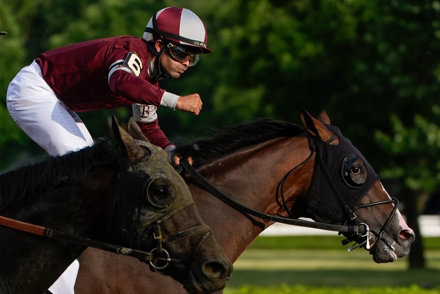 Luis Saez reacts after winning the 156th running of the Belmont Stakes horse race aboard Dornoch (6), Saturday, June 8, 2024, in Saratoga Springs, N.Y. (AP Photo/Julia Nikhinson)