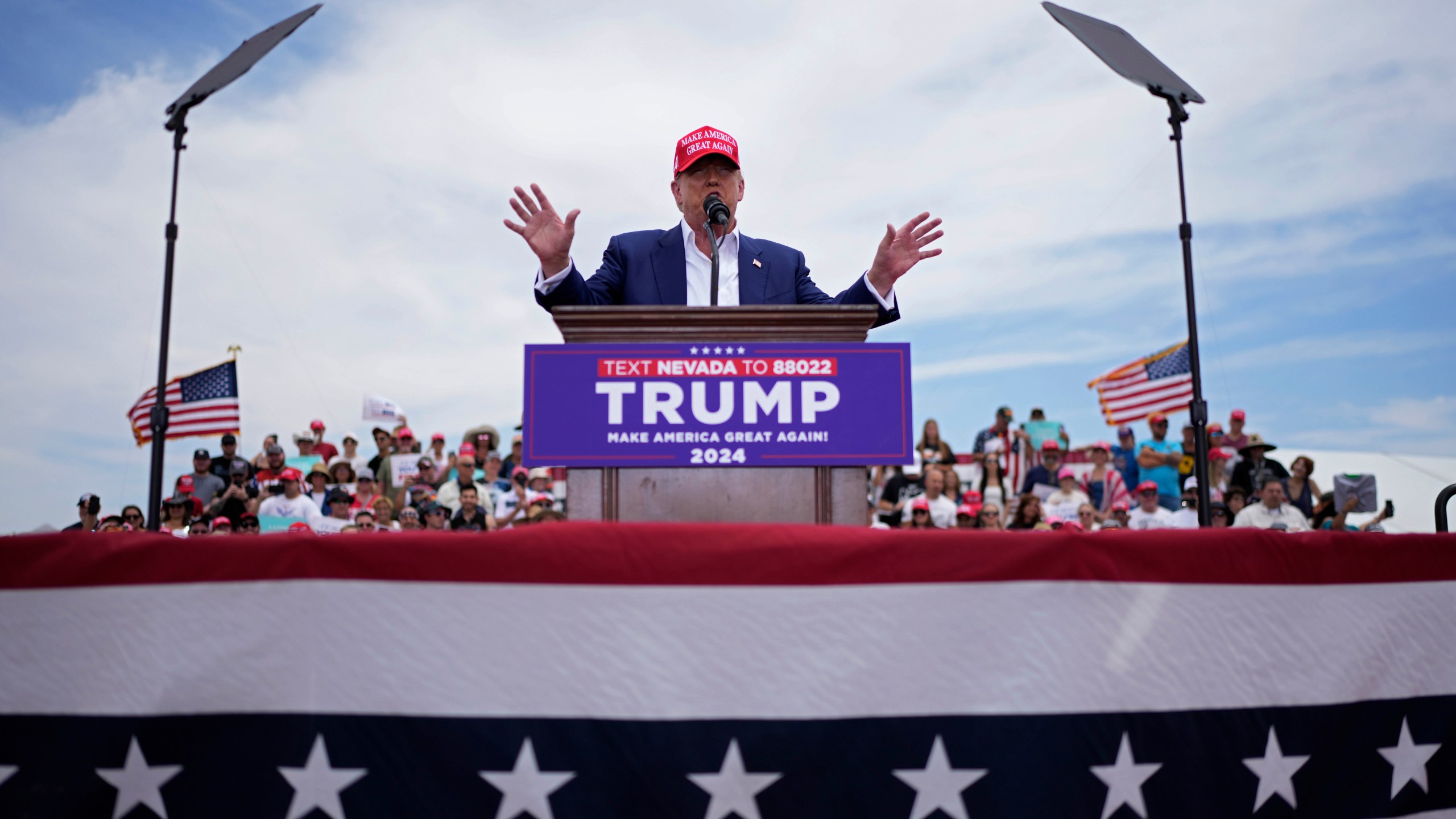 Republican presidential candidate, former President Donald Trump speaks at a campaign rally Sunday, June 9, 2024, in Las Vegas. (AP Photo/John Locher)