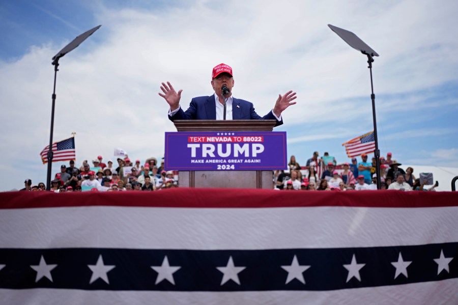 Republican presidential candidate, former President Donald Trump speaks at a campaign rally Sunday, June 9, 2024, in Las Vegas. (AP Photo/John Locher)