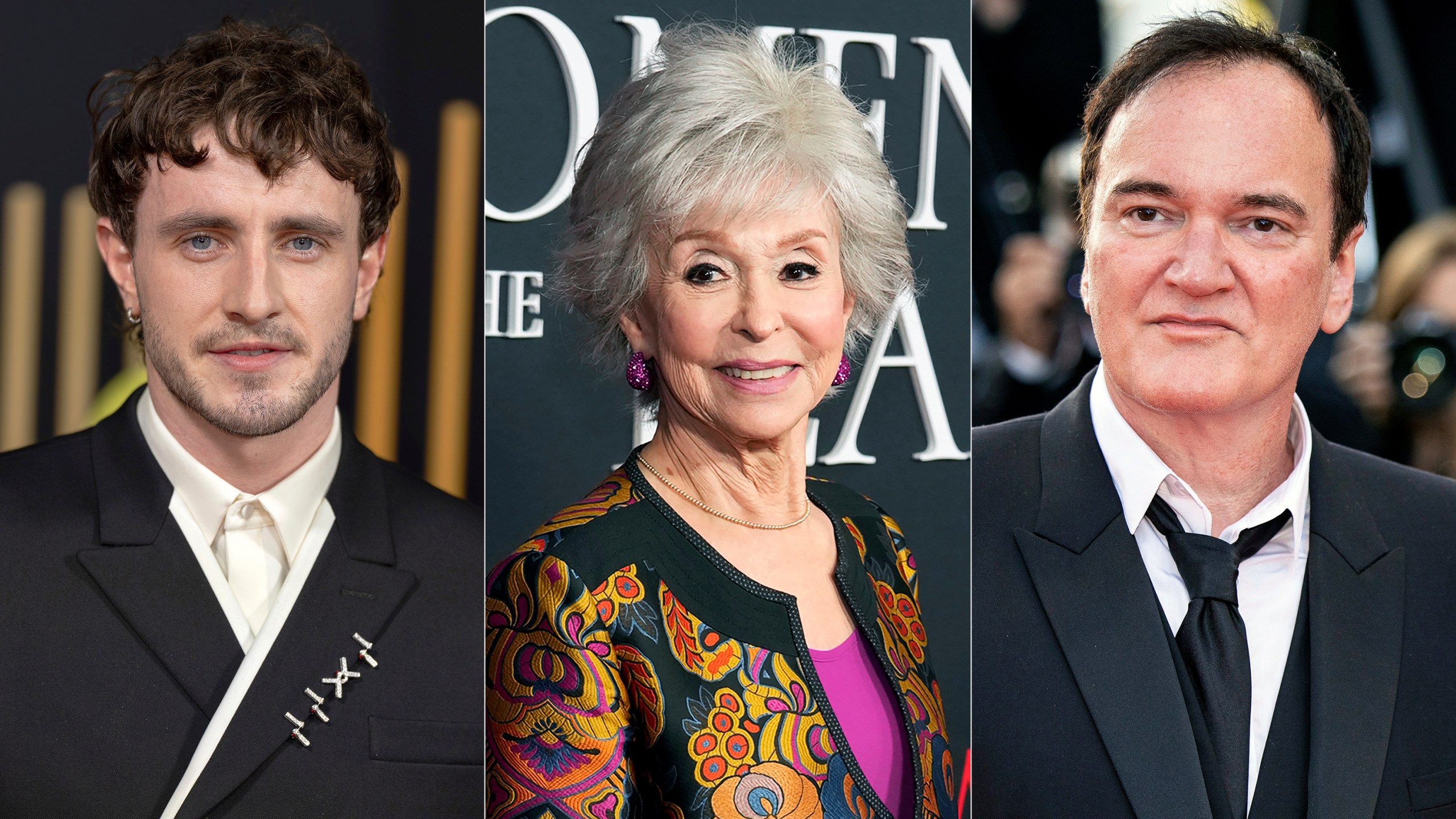 This combination of photos shows actor Paul Mescal at the 77th British Academy Film Awards, BAFTA's, in London on Feb. 18, 2024, left, actor Rita Moreno at Time's second annual Women of the Year Gala in Los Angeles on March 8, 2023, center, and filmmaker Quentin Tarantino at the awards ceremony during the 76th international film festival, Cannes, southern France, on May 27, 2023. (AP Photo)