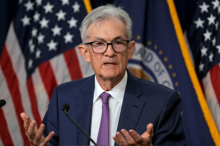 FILE - Federal Reserve Board Chair Jerome Powell speaks during a news conference at the Federal Reserve in Washington, May 1, 2024. On Wednesday, June 12, 2024, the Federal Reserve will end its latest meeting by issuing a policy statement, updating its economic and interest-rate projections and holding a news conference with Powell.(AP Photo/Susan Walsh, File)