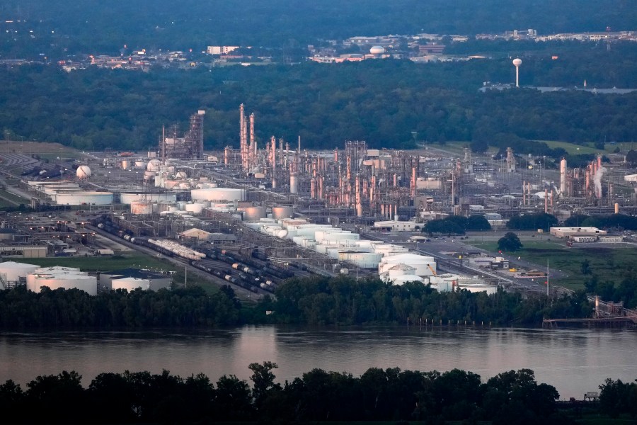 A chemical and petroleum industrial corridor, that is a known source of ethylene oxide emissions, is seen from this aerial photo, in Ascension Parish, La., Friday, June 7, 2024. (AP Photo/Gerald Herbert)