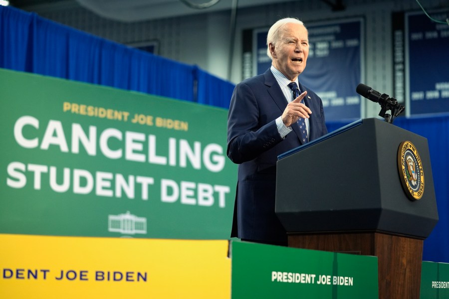 FILE - President Joe Biden speaks about student loan debt at Madison College, April 8, 2024, in Madison, Wis. Relatively few Americans say they're fans of Biden's work on the issue of student loans, according to a new poll from the University of Chicago Harris School of Public Policy and The Associated Press-NORC Center for Public Affairs Research conducted May 16-21. The survey found that three in 10 U.S. adults say they approve of how Biden has handled the issue of student loan debt, while 4 in 10 disapprove. (AP Photo/Evan Vucci, File)