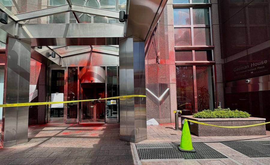 Red paint covers portions of the entrance to the German consulate building, Wednesday, June 12, 2024, in New York. Pro-Palestinian protesters have vandalized locations associated with the Brooklyn Museum and United Nations in New York City, throwing red paint across their entrances in opposition to the ongoing war between Israel and Hamas in Gaza. (AP Photo/Sophie Rosenbaum)