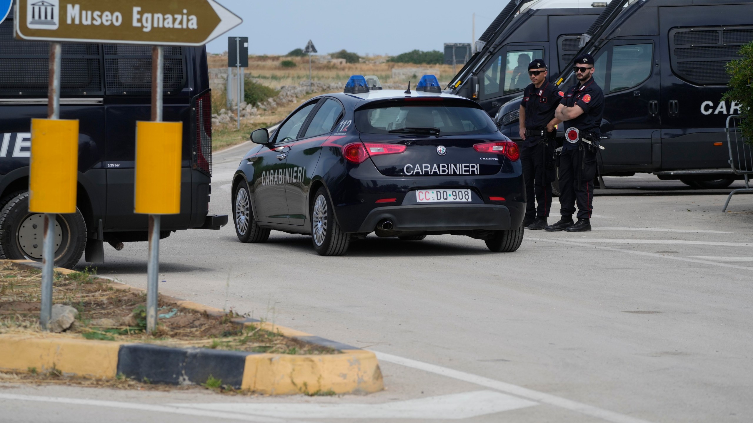 Italian Carabinieri, paramilitary policemen, patrol at a roadblock near Borgo Egnatia, venue of the G7 summit in southern Italy, Wednesday, June 12, 2024. A Group of Seven summit aiming to consolidate support for Ukraine opens Thursday under a vastly different political landscape than even a few days ago, after European Parliament elections jolted the leaders of France and Germany and emboldened Italian Premier Giorgia Meloni. (AP Photo/Gregorio Borgia)