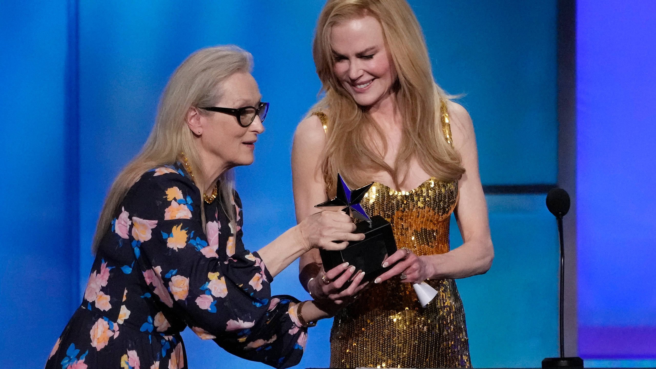 FILE - Meryl Streep, left, presents the 49th AFI Life Achievement Award to Nicole Kidman, Saturday, April 27, 2024, at the Dolby Theatre in Los Angeles. The tribute will air on TNT on Monday. (AP Photo/Chris Pizzello, File)