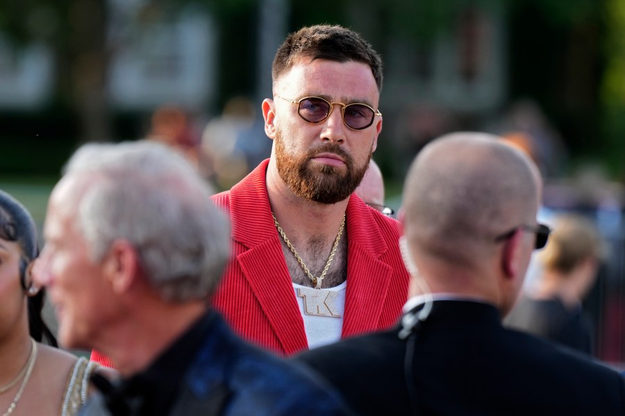 Kansas City Chiefs tight end Travis Kelce arrives at the The Nelson-Atkins Museum of Art for a ceremony for team members to receive their championship rings for winning NFL's Super Bowl 58 football game Thursday, June 13, 2024, in Kansas City, Mo. (AP Photo/Charlie Riedel)