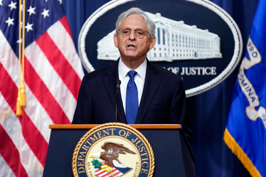 FILE - Attorney General Merrick Garland speaks at the Department of Justice, Aug. 11, 2023, in Washington. The Justice Department says Garland will not be prosecuted for contempt of Congress after refusing to turn over audio of President Joe Biden's interview in his classified documents case because his actions "did not constitute a crime." (AP Photo/Stephanie Scarbrough)