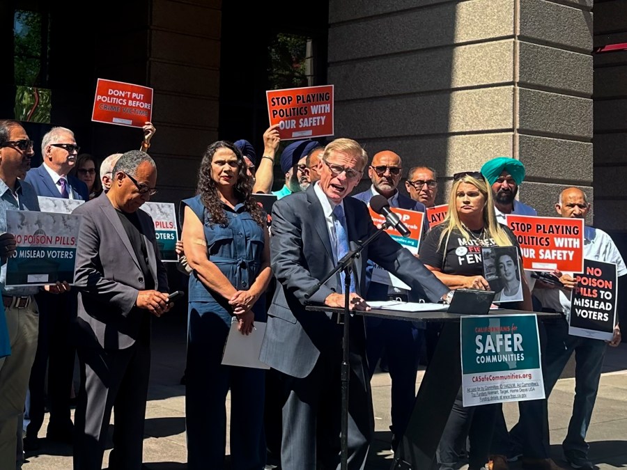 Greg Totten, a representative of Californians for Safer Communities, speaks at a press conference about a ballot initiative to bring back penalties for shoplifting and drug offenses on Wednesday, June 12, 2024 in Sacramento, Calif. The coalition blasts a plan by California Democratic leadership to void a legislative package of 14 retail theft proposals if voters approve the tough-on-crime ballot initiative in November. (AP Photo/Tran Nguyen)