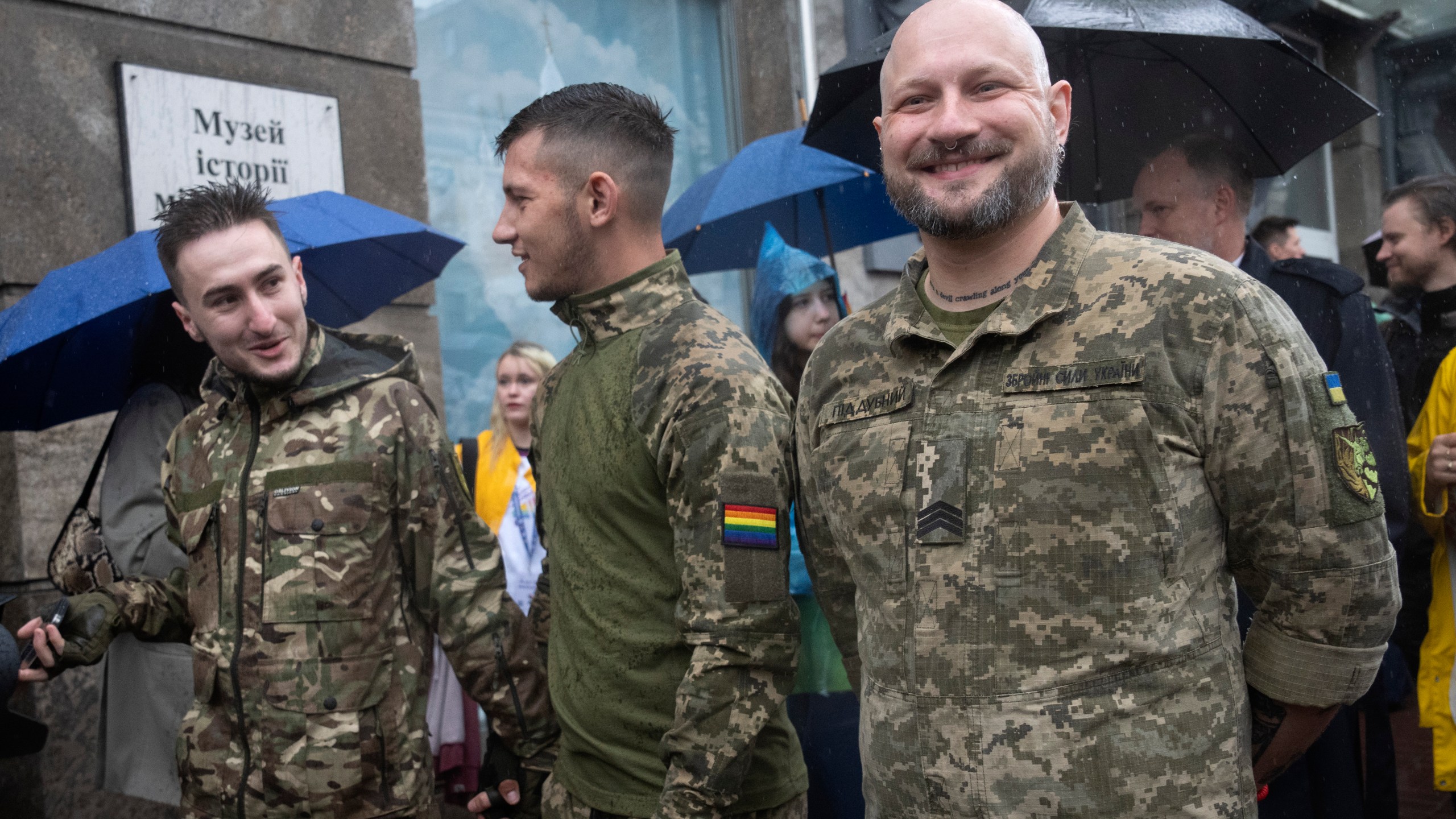 LGBT soldiers attend a Pride march in Kyiv, Ukraine, Sunday, June 16, 2024. Several hundred LGBT Ukrainian servicemen and other protesters joined a pride march in central Kyiv Sunday seeking legal reforms to allow people in same-sex partnerships to take medical decisions for wounded soldiers and bury victims of the war with Russia that extended across Ukraine more than two years ago. (AP Photo/Efrem Lukatsky)