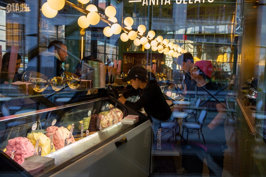 FILE - People working at a gelato shop serve customers in New York on February 18, 2024. Small businesses are increasingly concerned about payment fraud according to a survey from regional bank KeyBank. (AP Photo/Ted Shaffrey, File)