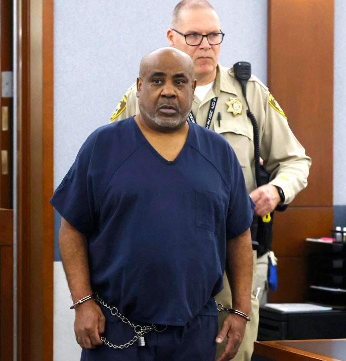 FILE - Duane "Keffe D" Davis, who is accused of orchestrating the 1996 slaying of hip-hop icon Tupac Shakur, is led into the courtroom during a status hearing at the Regional Justice Center, on Tuesday, April 23, 2024, in Las Vegas. Davis will ask a judge next week on June 24, to let him out of jail pending trial on a murder charge. (Bizuayehu Tesfaye/Las Vegas Review-Journal via AP)